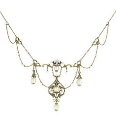 With natural pearls ranging in size from 2.5 mm - 7.4 mm and eight Old European cut diamonds weighing app. 0.50 ctw., in an acanthus scroll design, fashioned in 14k gold. Circa 1900. Length 17 inches EGL-US59184301P Elegant Baroque Pearl Necklace For Formal Occasions, Baroque Rose Cut Diamond Jewelry For Wedding, Antique White Gold Necklace With Pearl Pendant, Antique Pearl Necklace For Formal Occasions, Antique Pearl Pendant Necklace For Formal Occasions, Heirloom Baroque Jewelry For Weddings, Elegant Baroque Necklaces For Wedding, Elegant Baroque Necklace For Wedding, Ornate Rose Cut Diamond Necklace For Formal Occasions