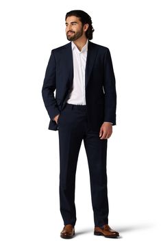 Dress to impress in these polished and practical trousers tailored from wrinkle-resistant performance fabric. 32" inseam; 15.75" leg opening; 10.125" rise (size 32x32) Zip fly with hook-and-bar closure Jetted pockets Lined Polyester/rayon blend with 2% spandex
 Dry clean Imported Modern Flat Front Suits For Workwear, Classic Suit With Pockets And Straight Hem, Classic Formal Custom Fit Pants, Business Suit With Concealed Placket And Straight Hem, Classic Custom Fit Formal Pants, Classic Formal Pants With Custom Fit, Classic Work Pants With Straight Hem For Office, Classic Office Work Pants With Straight Hem, Classic Straight Hem Work Pants For Office