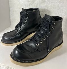 Red Wing Shoes-70's Vintage, 8179, Black, Leather, Made In USA, Classic/Heritage Moc Toe, Irish Setter, Outdoor/Work Boots. Size-8D Condition-Exceptional for age. Left top boot has tear in the seam/Right top boot has a tiny tear in the seam (shown in last few pictures). Any questions please ask:) Red Wings Boots, Irish Setter Boots, Leather Work Boots, Wing Shoes, Red Wing Shoes, Work Boots Men, Irish Setter, Red Wing, Mens Shoes Boots