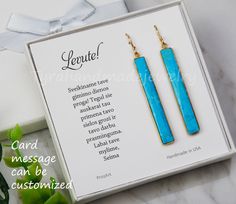 This pair of long turquoise earrings would be great reward for your self or a great gift for your mother or best friend. The pendant has a turquoise stone set in gold plated bezels: 1. Stone :turquoise (reconstituted and stabilized) 2. Stone size: 47 x 7 mm 3. earring total length ~ 62 mm 4. bezel material: gold vermeil or sterling silver 5. earring hook: gold vermeil or sterling silver 6. an optional custom jewelry card printed with your own message, if you are sending these as a gift. Earrings Hypoallergenic Long Drop Jewelry Gift, Hypoallergenic Long Drop Jewelry For Gifts, Personalized Drop Earrings As A Gift, Personalized Drop Earrings For Gift, Personalized Dangle Earrings For Gifts, Handmade Dangle Jewelry For Birthday Gift, Mother's Day Birthstone Earrings Gift, Mother's Day Gift Birthstone Earrings, Handmade Turquoise Earrings As Gift