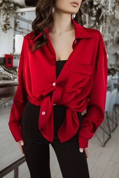 Fabric: Faux silk Viscose 35%, Polyester 35%, Cotton 20% Nylon 10% Long Sleeve Available sizes: XS/S, M/L Colors: Red, White, Black, Electric Blue, Tiffani, Grey Red Silk Shirt, Basic Long Sleeve Shirt, Dressy Casual Outfits, Basic Long Sleeve, Red Silk, Dressy Casual, Silk Shirt, Winter Sale, Leather Fabric