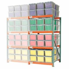 shelving unit with plastic bins and shelves