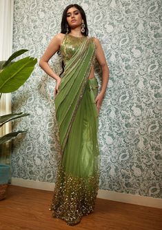 Party Wear Pre-draped Saree With Zari Work For Diwali, Party Dola Silk Saree With Resham Embroidery, Green Semi-stitched Embellished Saree, Traditional Organza Saree With Sequins, Semi-stitched Sequined Saree, Semi-stitched Green Embellished Saree, Party Pre-draped Saree With Resham Embroidery In Dola Silk, Green Embellished Semi-stitched Saree, Bollywood Style Sequined Art Silk Saree