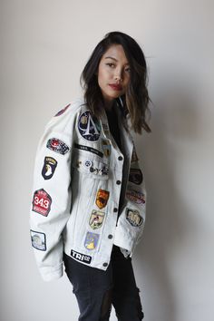 "This is our second jacket with one of our favorite Back patches - AIRBORNE. Levis SIZE MEDIUM.  The cut on this jacket is more relaxed, it has a slight \"V\" shape and slouchy fit that is vintage and modern at the same time. CHEST: 24\" from pit to pit buttoned up Shoulder to hem: 23\" Sleeve: 23\" (slightly dropped shoulder seam) Shoulder seam to shoulder seam: 23\"" Patched Jacket, Rodeo Dress, Lee Denim Jacket, Jean Jacket Patches, Jacket Patches, Denim Jacket Patches, Punk Dress, Levis Jacket, Lee Denim