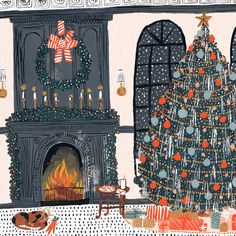 a drawing of a decorated christmas tree in front of a fireplace