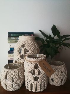 three crocheted vases are sitting on a shelf next to a potted plant