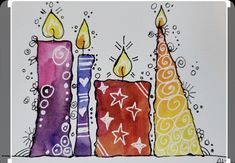 three candles with different colors and designs are on a white sheet that is drawn in watercolor