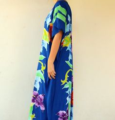 Tropical Dress Vintage Boho 70s 80s Hawaiian Blue Floral | Etsy Hipster Dress, Green Cotton Dress, Boho 70s, Beach Caftan, Dashiki Dress, Beautiful Jumpsuits, Polka Dot Jumpsuit, 70s Boho, Tropical Dress