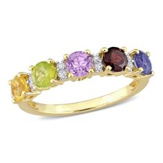 Steal her heart with this Multi-Color Stone Stackable Ring & Anniversary Band. Crafted in lustrous yellow plated sterling silver, it features 17 round-cut, prong-set flickering multi-color gemstones (4 x 4mm) studded on its band. Polished to a brilliant shine, this ring is the perfect addition to any jewelry collection. Pretty Wedding Bands, Family Ring, Mothers Ring, Women's Rings, Eternity Band Ring, Topaz Stone, Anniversary Bands, Multi Stone Ring, Blue Gemstones