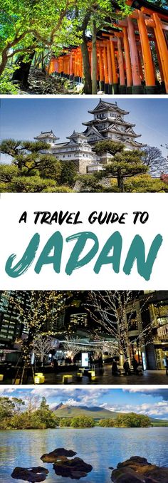 the cover of a travel guide to japan with images of different buildings and trees in it