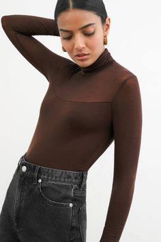 Brown Sheer Turtleneck - Cara Top | Marcella Sheer Turtleneck, Classic Turtleneck, Sweatshirt Fabric, Turtleneck Top, Long Sleeve Turtleneck, The A Team, Turtle Neck Top, French Terry, Stretch Fabric