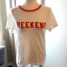 Everybody’s Working For The Weekend Get Your Weekend Vibe On Wearing This Fun Ss Tee From Jcrew. Nwt Crew Neck T-shirt For Spring Weekend, Trendy Tops For Weekend Wear, Weekend Graphic Print Relaxed Fit Tops, Relaxed Fit Graphic Print Tops For Weekend, Graphic Print Tops For Weekend With Relaxed Fit, Spring Weekend Tops, Trendy Spring Tops For Weekend, White Graphic Tee For Day Out, White Letter Print Top For Day Out