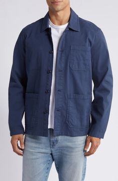 Faherty Comfort Twill Chore Jacket | Nordstrom Blue Utility Jacket With Patch Pockets, Blue Utility Jacket With Patch Pockets And Relaxed Fit, Everyday Long Sleeve Utility Jacket With Buttoned Pockets, Cotton Outerwear With Patch Pockets For Fall, Everyday Long Sleeve Shacket With Multiple Pockets, Blue Relaxed Fit Utility Jacket With Patch Pockets, Long Sleeve Cotton Utility Jacket With Pockets, Cotton Utility Jacket With Pockets And Long Sleeves, Classic Cotton Outerwear With Buttoned Pockets