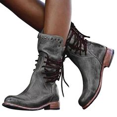 Style: Fashion. Stylish Item: Boots Upper Material: Faux Leather Toe: Closed Toe Closure Type: Lace-up. Zipper Heels: Low Heel Botas Western, Pu Boots, Low Heel Boots, Boots For Short Women, Zipper Heels, Winter Chic, Mid Boots, Retro Shoes, Vintage Boots