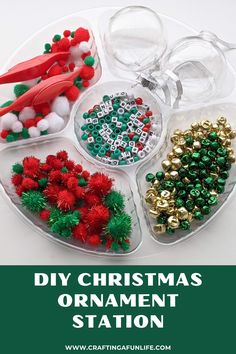 christmas ornament station for kids to make with their own ornaments and beads in the shape of santa's sleigh