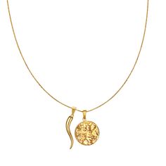 This elegant medallion pendant is complemented by our fortunate Italian charm. The luxurious gold chain necklace adds a subtle touch of character and charm. Its delicate design exquisitely completes any look with a hint of sophistication. 2 pendants in one chian. Pendants can be detached for your preference. 18K Gold Plated Stainless Steel Textured Medallion Pendant + Mini Italian Horn Measurements: Approx. 16" + 2" Extender Chain Lobster Clasp Closure Water-resistant, sweat-proof, hypoallergeni Stainless Steel Texture, Italian Horn, Belly Chain, Delicate Design, Sweat Proof, Gold Chain Necklace, Polish Jewelry, Steel Jewelry, Stainless Steel Jewelry