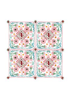 four square tiles with flowers and leaves in pink, blue, green and white colors