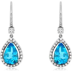 Royal 14K White Gold Blue Topaz & Diamond Earrings - 4.40 Carat Blue Topaz, 0.66 Carat Diamonds Formal Blue Topaz Diamond Earrings Fine Jewelry, Formal Blue Topaz Diamond Earrings, Formal Blue Pear-shaped Diamond Earrings, Formal Blue Topaz Earrings With Diamond Accents, Blue Pear-shaped Diamond Earrings For Anniversary, Formal Blue Topaz Earrings With Brilliant Cut, Blue Halo Setting Earrings For Formal Occasions, Blue Halo Setting Earrings For Formal Events, Formal Blue Halo Setting Earrings