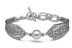 Empire Bracelet with Pearl from Silver Spoon Jewelry Adjustable Silver Vintage Pearl Bracelet, Elegant Antique Silver Bracelets For Formal Occasions, Antique Silver Elegant Wedding Bracelets, Elegant Antique Silver Bracelets For Wedding, Elegant Antique Silver Wedding Bracelets, Elegant Antique Silver Sterling Bracelet, Elegant Antique Sterling Silver Bracelet, Elegant Engraved Antique Silver Bracelets, Elegant Antique Silver Bracelet, Nickel Free