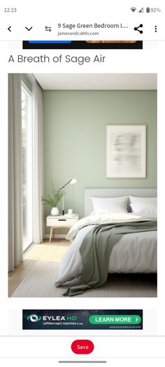 a bedroom with green walls and white furniture