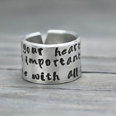 Inspiration Ring Quote Ring So Fill Your Heart by PureImpressions Inspirational Adjustable Sterling Silver Rings, Adjustable Inspirational Sterling Silver Rings, Inspirational Hand Stamped Silver Rings, Inspirational Personalized Sterling Silver Rings, Inspirational Adjustable Hand Stamped Rings, Hand Stamped Promise Rings With Meaningful Style, Nickel-free Meaningful Promise Ring, Promise Rings With Hand Stamped Meaningful Style, Adjustable Inspirational Rings For Everyday