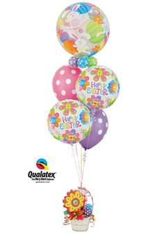 a bunch of balloons that are in the shape of flowers and butterflies on a white background