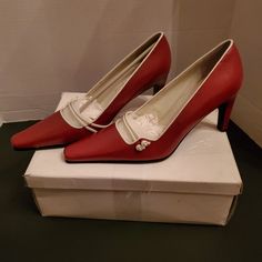 Beautiful Vintage Dark Cherry Red Heels In Size 7.5 M With A Bit Of White As Well. The Heels Measures 3 Inches In Height. They Will Arrive In Original Box. Lowered To $18.00 Firm Last And Final Drop To $15.00 Thank You For Your Business Dark Cherry Red, Nina Shoes, Vintage Heels, Red Heels, Shoes Size 7, Cherry Red, Heel Shoes, Shoes Women Heels, Red White