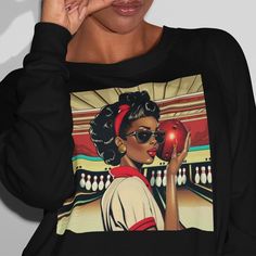 Celebrate your love for bowling and Afrocentric culture with this unique Woman Bowling Sweatshirt! Inspired by vintage pop art, this African American woman sweatshirt features a bold design of bowling alley pins, perfect for any bowling sports team.  Embrace retro vibes and make a statement on the lanes with this stylish and eye-catching sweatshirt that pays homage to the beauty of afrocentric culture. Stand out from the crowd and show off your passion for bowling in a truly one-of-a-kind way! Ideal for any situation, this heavy blend crewneck sweatshirt is pure comfort. Made from polyester and cotton, the collar is ribbed knit, so it retains its shape even after washing. There are no itchy side seams on these sweaters.  This sweatshirt feels cozy and is the perfect choice for those colder Pop Art Vintage, Retro Pop Art, Vintage Pop Art, Vintage Pop, Culture Club, Bowling Alley, Retro Pop, American Woman, African American Women