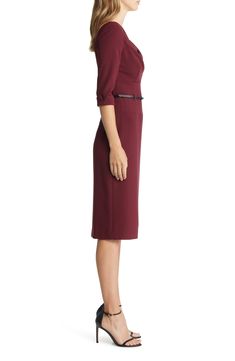 A slender belt accentuates the waist of this figure-skimming sheath that will take you from office meetings to fanciful dinners with sophisticated style. 62% polyamide, 33% viscose, 5% elastane Dry clean Made in the USA of imported fabric Semi-formal Sheath Dress For Fall, Fitted Evening Dress With Belt Detail, Fitted Knee-length Belted Dress For Date Night, Office Sheath Dress With Belt, Formal Knee-length Bodycon Dress For Fall, Elegant Fitted Belted Dress For Date Night, Fitted Belted Dress For Date Night, Formal Fall Knee-length Bodycon Dress, Fitted Business Belted Dress