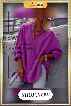 Women Autumn Casual Long Sleeve V-neck Blouse Solid Color Loose Pullover Top Ladies Commuter Fashion Simple All-match Shirt Trendy Oversized V-neck Blouse, Trendy Solid Color V-neck Blouse, Trendy V-neck Blouse For Fall, Trendy Long Sleeve V-neck Top For Summer, Trendy Split Neck Fall Blouse, Trendy Split Neck Blouse For Fall, Purple V-neck Solid Color Top, Purple V-neck Solid Top, Purple V-neck Top