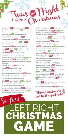 a christmas game for kids to play in the holiday season with text that reads, let right