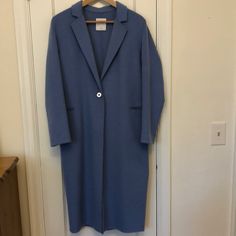 Ice Blue Wool Blend Sandro Coat. Excellent Used Condition, Only Worn A Few Times. Unlined. One-Button Closure. Length: 43 Inches- Pit To Pit: 19 Inches. Fits Like A Small Or Xs- Sizing Is French 36. Blue Single Button Outerwear For Office, Chic Blue Blazer With Button Cuffs, Elegant Blue Long Coat Style Blazer, Blue Single Breasted Workwear Outerwear, Blue Single Breasted Outerwear For Work, Blue Button-up Office Outerwear, Spring Blue Outerwear With Button Cuffs, Light Blue Button-up Outerwear For Work, Blue Outerwear With Button Closure For Business Casual