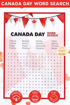 the canada day word search is shown in red and white