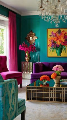 a living room filled with purple furniture and colorful flowers in vases on top of a coffee table