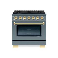 an oven with two burners and four burners on the front, in grey