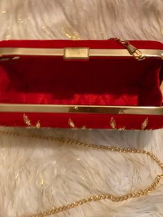 Beautiful clutch purse mix gold accessories Luxury Evening Bag With Gold-tone Hardware For Gift, Red Clutch Shoulder Bag For Events, Red Clutch Evening Bag For Festive Occasions, Festive Red Clutch Evening Bag, Festive Gold Pouch Evening Bag, Luxury Red Rectangular Clutch, Luxury Gold Rectangular Case Box Bag, Luxury Festive Evening Bag As Gift, Luxury Festive Evening Bag Gift