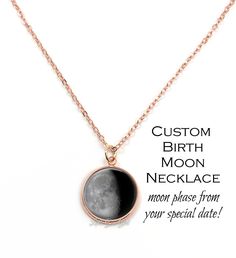 "Tell us a date that is special to you (birthday, anniversary, etc) and we'll create a moon phase charm from that night. Perfect gift for Mom or Grandma for Mother's Day, Wife or Girlfriend for Valentine's Day, Daughter for her birthday, etc! IMPORTANT: Please leave your dates in the \"notes to seller\" at check out. Please include the dates in these two formats to help ensure accuracy, example: January 28, 2005 & 01/28/2005 (MM/DD/YYYY). We use specific moon phase charts to calculate the bi Rose Gold Stainless Steel Jewelry For Gift, Rose Gold Stainless Steel Jewelry Gift, Rose Gold Round Stainless Steel Necklace, Round Rose Gold Stainless Steel Necklace, Rose Gold Stainless Steel Round Necklace, Rose Gold Birthstone Jewelry For Birthday, Engraved Rose Gold Stainless Steel Jewelry, Customizable Rose Gold Charm Necklaces With Round Pendant, Customizable Rose Gold Charm Necklace With Round Pendant