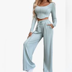 Comfortable Two Piece Set Perfect For Running Errands Or A Casual Day Out. Never Worn Only Tried On Grey Two Piece, Greys Anatomy Scrubs, Pole Wear, Blue Crop Top, Lace Kimono, Blue Crop Tops, H&m Women, Scrub Pants, Casual Sets