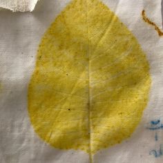 a piece of cloth with a yellow leaf on it and some writing on the fabric