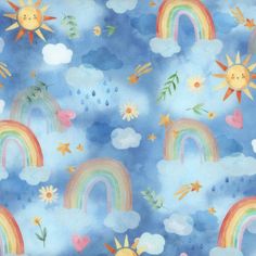 a blue background with rainbows, clouds and sun