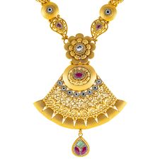 Virani Jewelers brings sophistication to life with this beautiful 22k gold necklace set, intricately embellished with Kundan, ruby, emerald, and cubic zirconia stones. The vibrant gemstone combination evokes the charm of classic Indian jewelry, while the fine gold craftsmanship offers a contemporary appeal. This 22k gold necklace and earring set is perfect for elegant soirées or festive celebrations, adding a touch of luxury to any outfit. With its detailed artistry and timeless beauty, this gold bridal necklace and earring set is a must-have for the discerning jewelry collector.Features• 22k yellow gold• Cubic zirconia• Emerald• Kundan• Ruby Earring Specifications:• Minimum Width - 1.5 millimeters• Maximum Width - 13.5 millimeters• Length - 1.25 inchesNecklace Specifications:• Minimum Wid Yellow Gold Bridal Necklace For Celebration, Yellow Gold Bridal Necklace With Intricate Design For Celebration, Celebration Bridal Necklace In Yellow Gold With Intricate Design, Yellow Gold Kundan Necklace Temple Style, Temple Style Kundan Necklace In Yellow Gold, Yellow Gold Temple Jewelry Bridal Necklace, Yellow Gold Kundan Necklace With Intricate Design, Hand Set Yellow Gold Kundan Necklace In Temple Style, Temple Jewelry Style Bridal Necklace In Yellow Gold