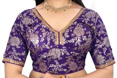 Made To Order Beautiful Purple Banarsi Silk Blouse In V Neck And Back Open, Elbow Sleeves, Saree Blouse, Indian Blouse... Banarsi Blouse Purple Blouse Elbow Sleeves Blouse  V Neck Blouse  Padded Blouse Back Open Blouse Elegant Purple Blouse With Pallu, Elegant Padded Purple Blouse, Elegant Purple Festive Top, Elegant Purple Top For Festive Occasions, Elegant Festive Purple Top, Purple Blouse For Wedding, Banarsi Blouse, Saree Bluse, Open Blouse