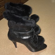 Black Mint Textured Leather. Sheared Rabbit Genuine Fur Trim. Leather Tie Around Ankle Strings With Rabbit Fur Pom Poms Pointy Tie With Round Toe Edges. Leather Lining. Soles. 4’ Heels. Very Good Condition. Stylish Chic & Comfy. Originally Purchased At Nordstrom’s. Retails $295.00 Betsey Johnson Shoes, Betsy Johnson, Mid Calf Boots, Mid Calf, Betsey Johnson, Bootie Boots, Ankle Boots, Nordstrom, Women Shoes