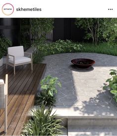 an outdoor patio with chairs and plants on the decking area next to it is surrounded by greenery