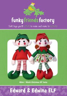 the book cover for funky friends factory, featuring two elves holding hands and wearing green boots