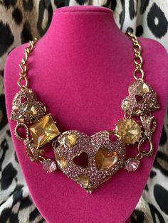 Betsey Johnson Pinkalicious HUGE Pink Crystal Puffy Heart Jewel Bow Necklace | eBay Dope Jewelry Accessories, Bows Pink, Cute Nike Shoes, Bow Necklace, Dope Jewelry, Cute Nikes, Funky Jewelry, Puffy Heart, Betsey Johnson Jewelry