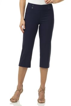 Do you sometimes wish you could enjoy the summers in a casual look, but think it may not be dressy enough for the office? These dressy straight leg capris are made just for you. They are roomy and comfortable enough to feel the soft breezes, and elegant enough to pair up with all your formal tops. Their chic details such as the pressed leg and nautical-inspired buttons add flair to your outfits, making them a summer must-have. Contoured waistband and back darts for perfect fit Tonal buttons at t Stretch Cropped Leg Capris For Business Casual, Casual Knee-length Capris For Workwear, Stretch Cropped Leg Capris For Workwear, Stretch Capris For Business Casual, Casual Capri Length Pants For Work, Stretch Workwear Capris With Cropped Leg, Casual Capri Length Work Pants, Business Casual Stretch Straight Leg Capris, Casual Workwear Capri Pants