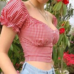 Vintage Smocked Cupped Bustier Puff Sleeve Checked Button Up Blouse Summer Tops With Square Neck And Button Closure, Square Neck Summer Tops With Button Closure, Spring Gingham Top With Square Neck, Gingham Square Neck Top For Spring, Spring Gingham Square Neck Top, Summer Square Neck Top With Button Closure, Summer Smocked Bodice Top For Picnic, Summer Picnic Top With Smocked Bodice, Summer Gingham Button-up Tops