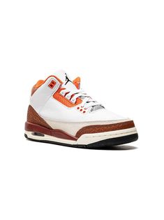 white/orange leather signature Jumpman motif contrasting panel detail round toe front lace-up fastening ankle-length branded insole rubber sole These styles are supplied by a premium sneaker marketplace. Stocking only the most sought-after footwear, they source and curate some of the most hard to find sneakers from around the world. Jordan 3 Orange, Orange Jordan, Jordan 3 Retro, Air Jordan 3 Retro, Air Jordan 3, Kids Jordans, Retro Sneakers, Jordan 3, Orange Leather