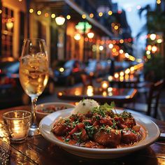 a plate of food sitting on top of a table next to a glass of wine